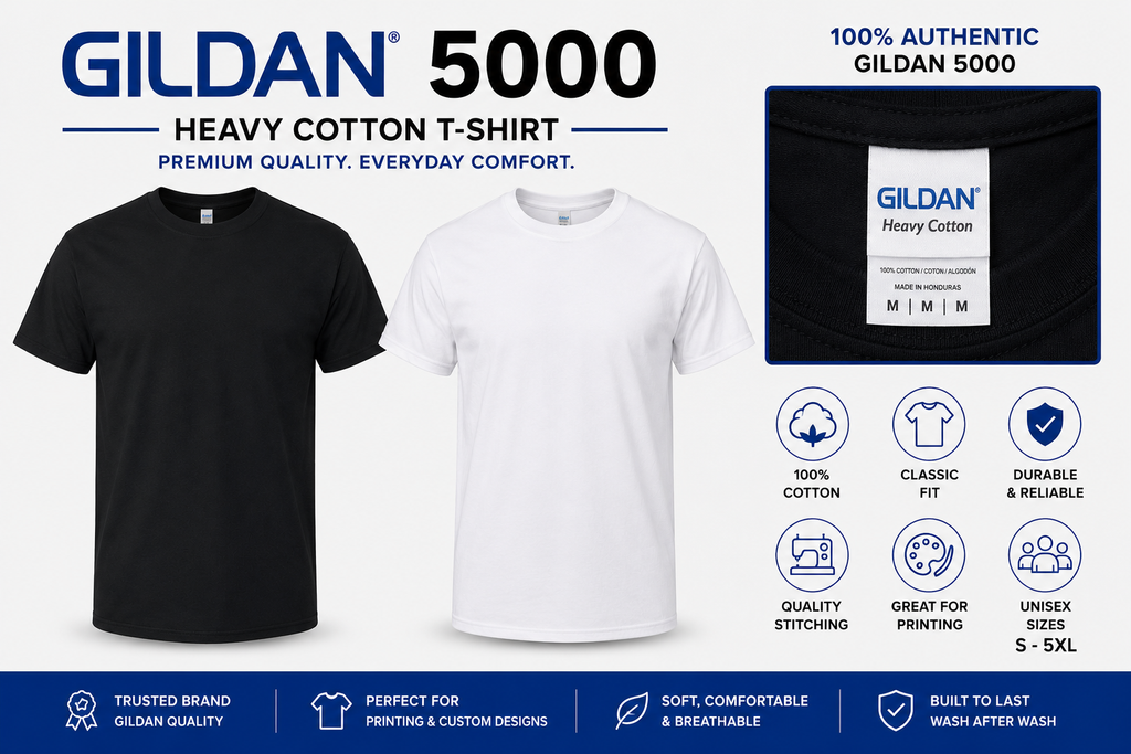 Gildan 5000 Blank T-Shirt | Adult Unisex Heavy Cotton Tee | Black White S-5XL