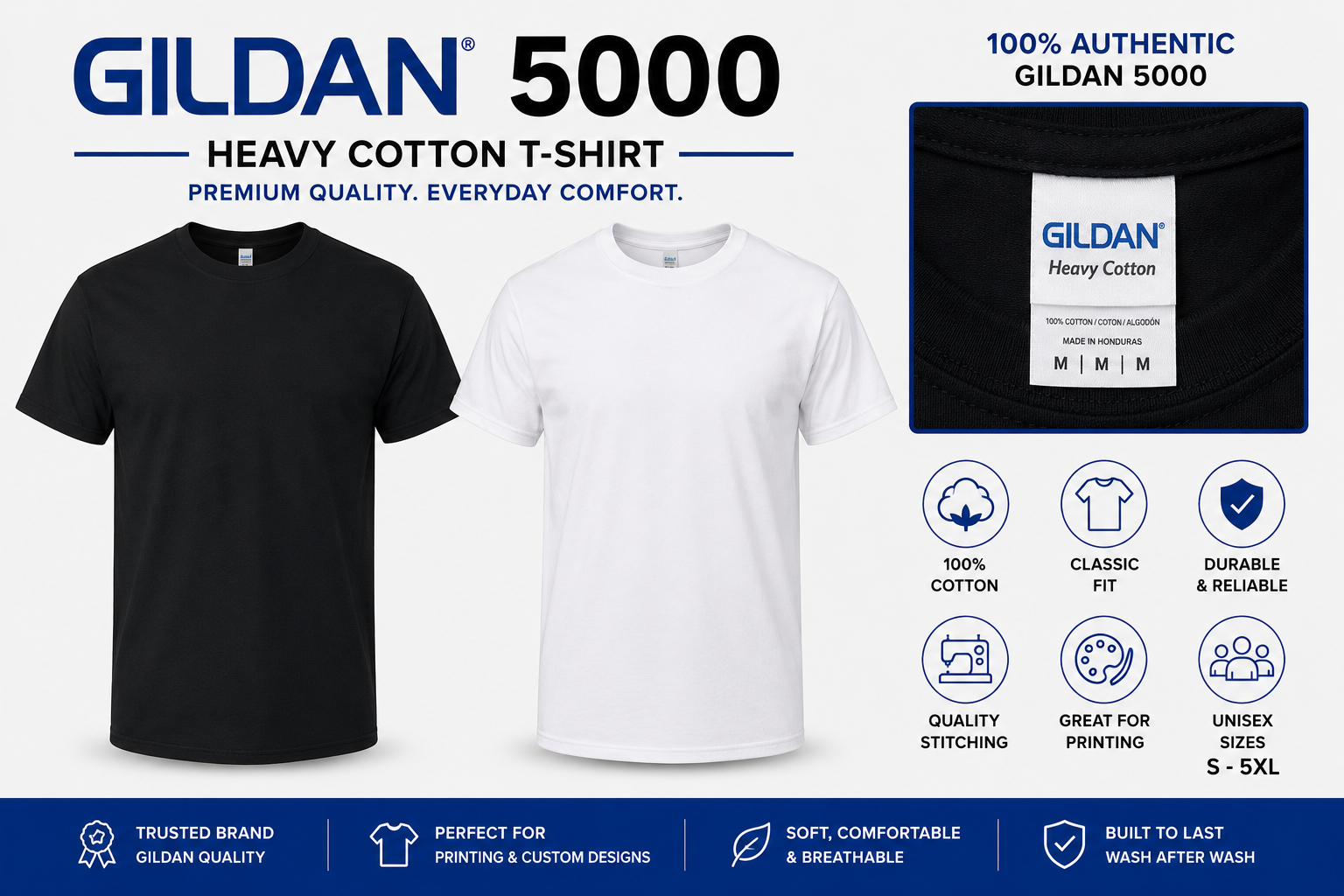 Gildan 5000 Blank T-Shirt | Adult Unisex Heavy Cotton Tee | Black White S-5XL