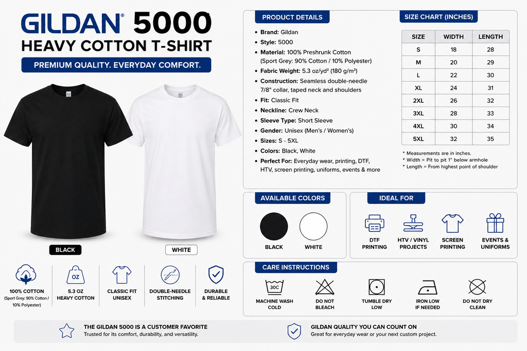 Gildan 5000 Blank T-Shirt | Adult Unisex Heavy Cotton Tee | Black White S-5XL