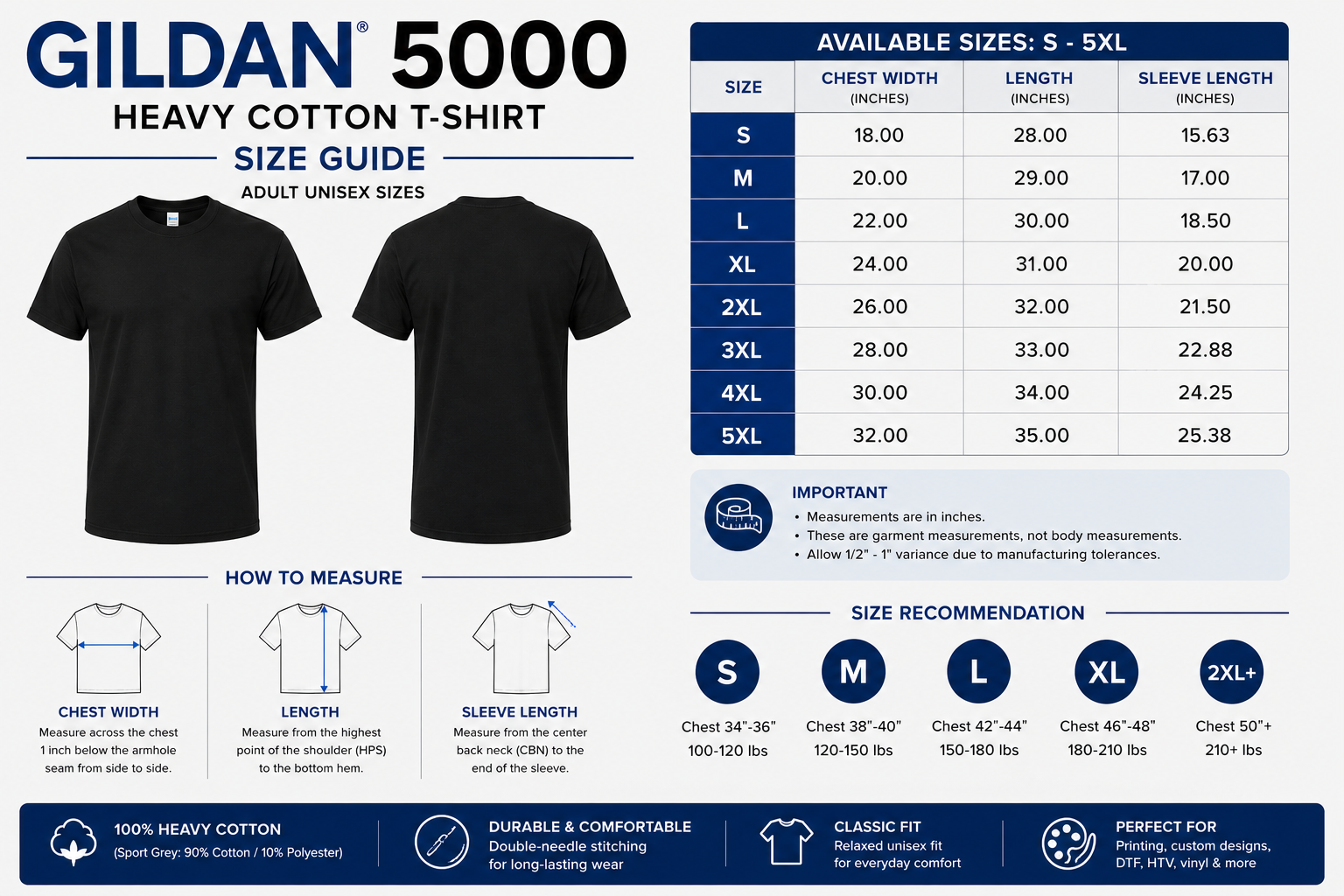 Gildan 5000 Blank T-Shirt | Adult Unisex Heavy Cotton Tee | Black White S-5XL